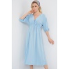 2570 Kadın Beli Büzgülü V Yaka Elbise - Mavi