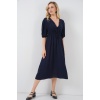 2570 Kadın Beli Büzgülü V Yaka Elbise - Lacivert