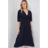 2570 Kadın Beli Büzgülü V Yaka Elbise - Lacivert