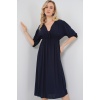 2570 Kadın Beli Büzgülü V Yaka Elbise - Lacivert