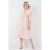 2570 Kadın Beli Büzgülü V Yaka Elbise - Pudra