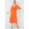 2570 Kadın Beli Büzgülü V Yaka Elbise - Turuncu