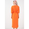 2570 Kadın Beli Büzgülü V Yaka Elbise - Turuncu