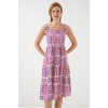 Kadın Desenli Askılı Midi Elbise 2577 - Fuşya