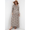 Kadın Desenli Uzun Tesettür Elbise 2585 - C. Bej