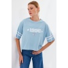 4322 Baskılı Oversize Basic Tişört - Mavi