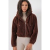5193 Kapüşonlu Peluş Crop Ceket - Kahverengi