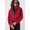 5193 Kapüşonlu Peluş Crop Ceket - Bordo