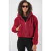 5193 Kapüşonlu Peluş Crop Ceket - Bordo