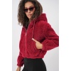 5193 Kapüşonlu Peluş Crop Ceket - Bordo