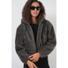5193 Kapüşonlu Peluş Crop Ceket - Antrasit