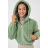 5193 Kapüşonlu Peluş Crop Ceket - E.Yeşil