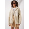 55446 Fermuarlı Oversize Peluş Ceket - Krem