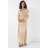 55453 Kadın Fermuar Detaylı Çizgili Uzun Elbise - Bej