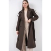 5941 Kruvaze Yaka Uzun Trençkot - Kahverengi