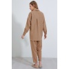 Kadın Camel Oversize Keten Alt Üst Takım 6622