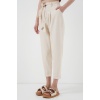 6660 Kemerli Keten Pantolon - Krem