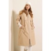 9091 Beli Büzgülü Kapşonlu Trençkot - Bej