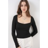 Kadın Kare Yaka Slim Fit Bluz 986 - Siyah