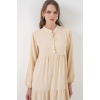 T1627 Yaka Bağcıklı Elbise - Krem