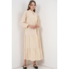 T1627 Yaka Bağcıklı Elbise - Krem
