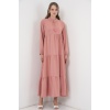 T1627 Yaka Bağcıklı Elbise - Pudra