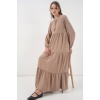 T1627 Yaka Bağcıklı Elbise - Y.Bej
