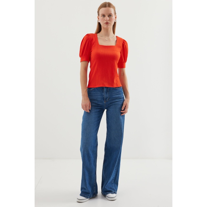 0409 Kare Yaka Örme Bluz - Oranje
