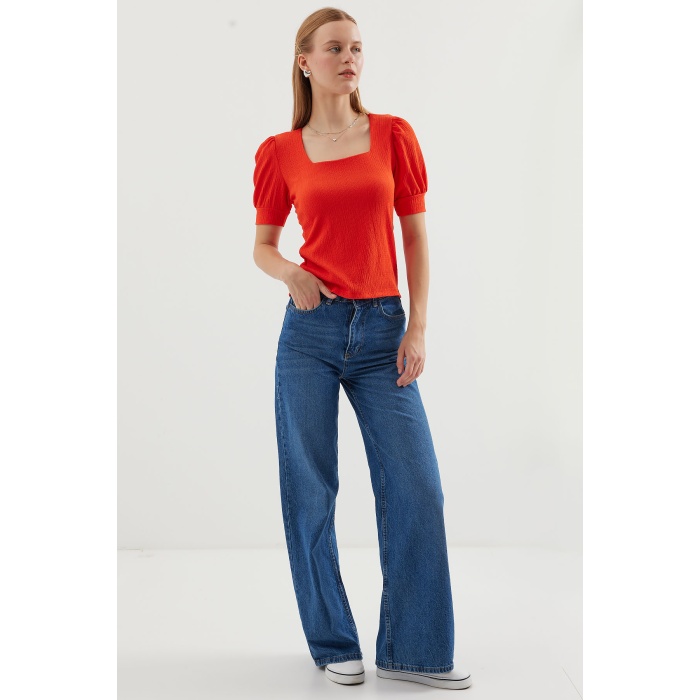 0409 Kare Yaka Örme Bluz - Oranje