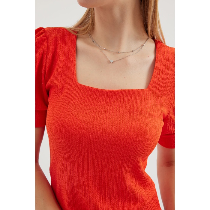 0409 Kare Yaka Örme Bluz - Oranje