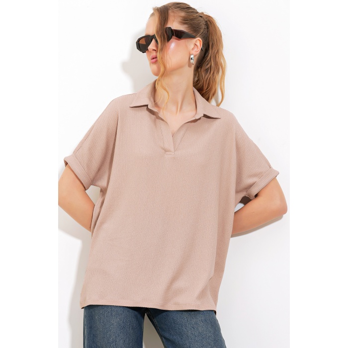 Kadın Bisküvi Oversize Polo Yaka Örme Bluz 0486