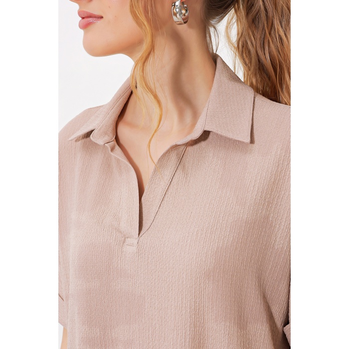 Kadın Bisküvi Oversize Polo Yaka Örme Bluz 0486