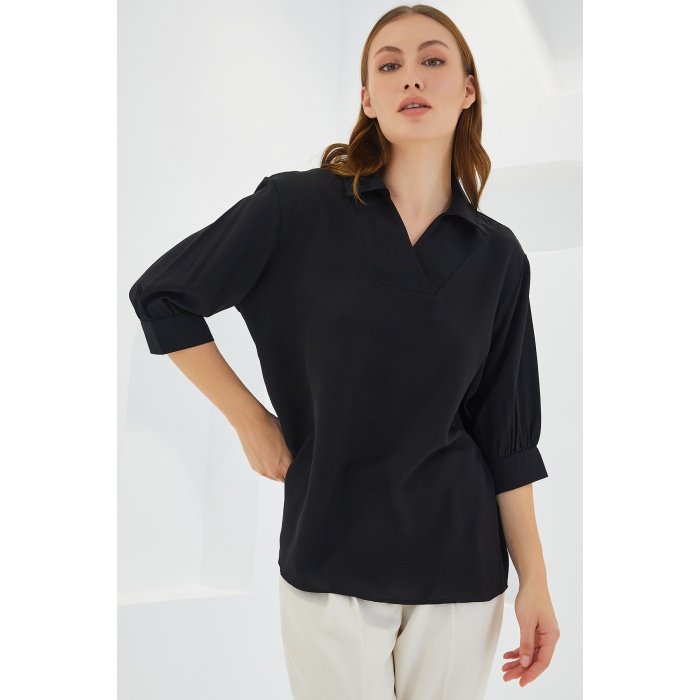 Kadın Siyah Gömlek Yaka Saten Bluz 0493