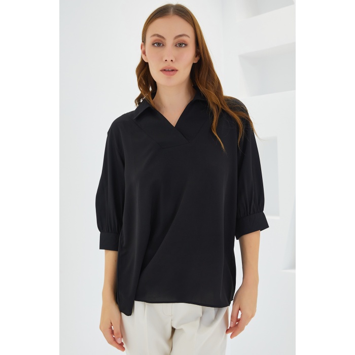Kadın Siyah Gömlek Yaka Saten Bluz 0493