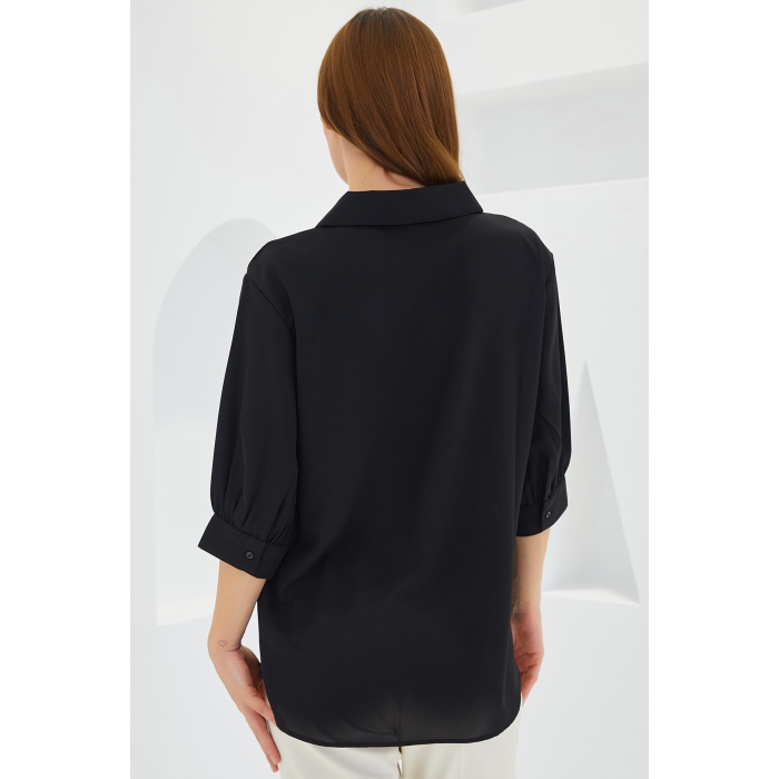 Kadın Siyah Gömlek Yaka Saten Bluz 0493