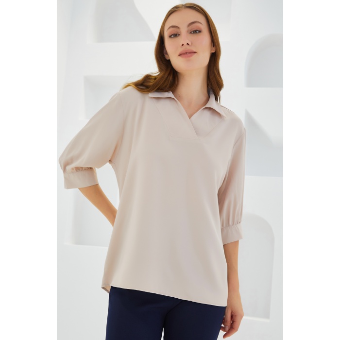 Kadın Krem Gömlek Yaka Saten Bluz 0493