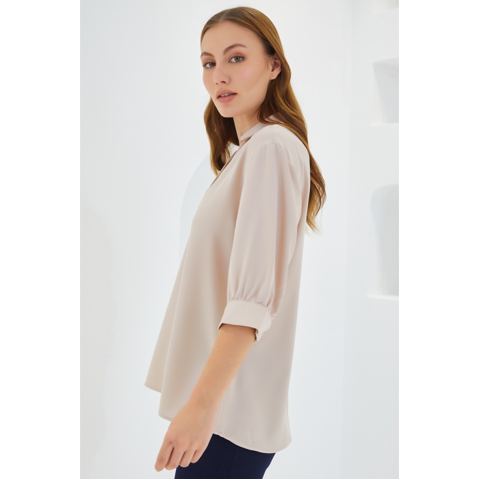 Kadın Krem Gömlek Yaka Saten Bluz 0493