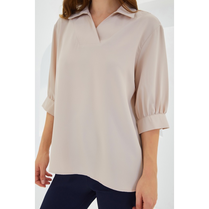 Kadın Krem Gömlek Yaka Saten Bluz 0493