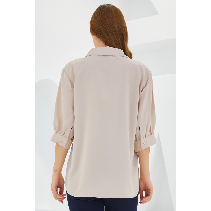 Kadın Krem Gömlek Yaka Saten Bluz 0493