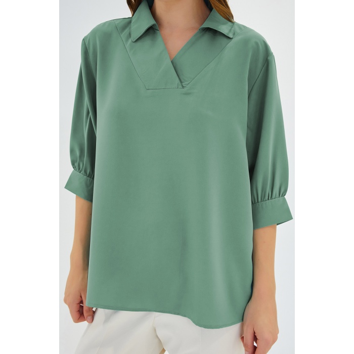 Kadın Çağla Yeşili Gömlek Yaka Saten Bluz 0493