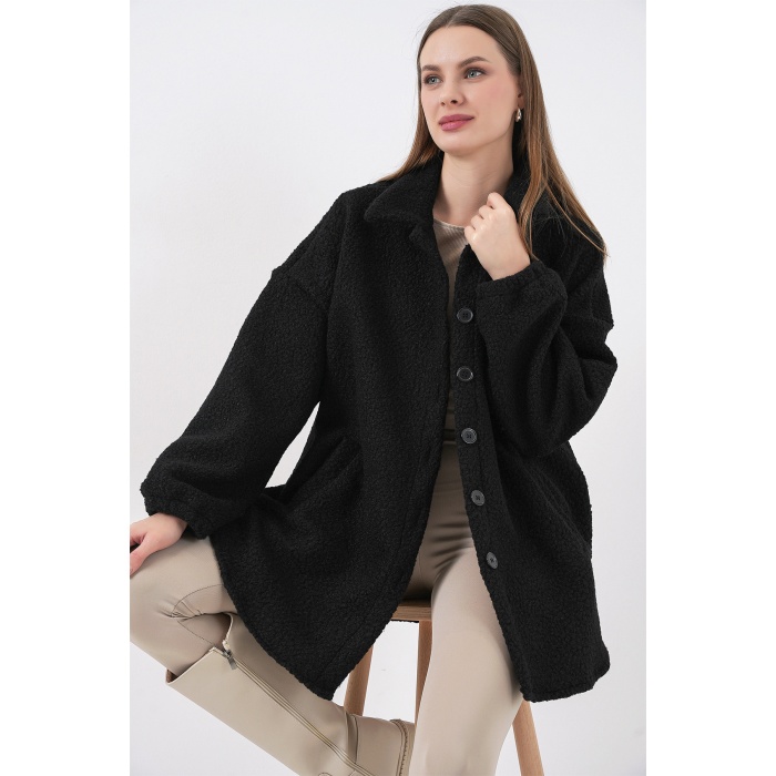 0675 Yün Karışımlı Buklet Ceket - Siyah