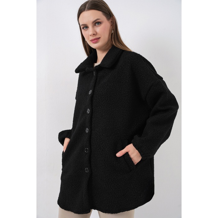 0675 Yün Karışımlı Buklet Ceket - Siyah