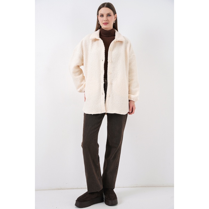 0675 Yün Karışımlı Buklet Ceket - Krem