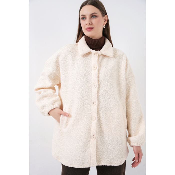 0675 Yün Karışımlı Buklet Ceket - Krem