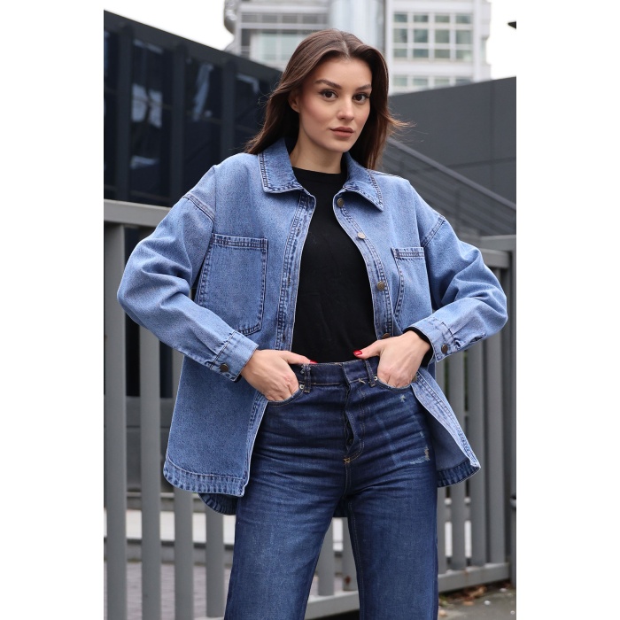 0694 Çift Cepli Oversize Denim Ceket - Lacivert