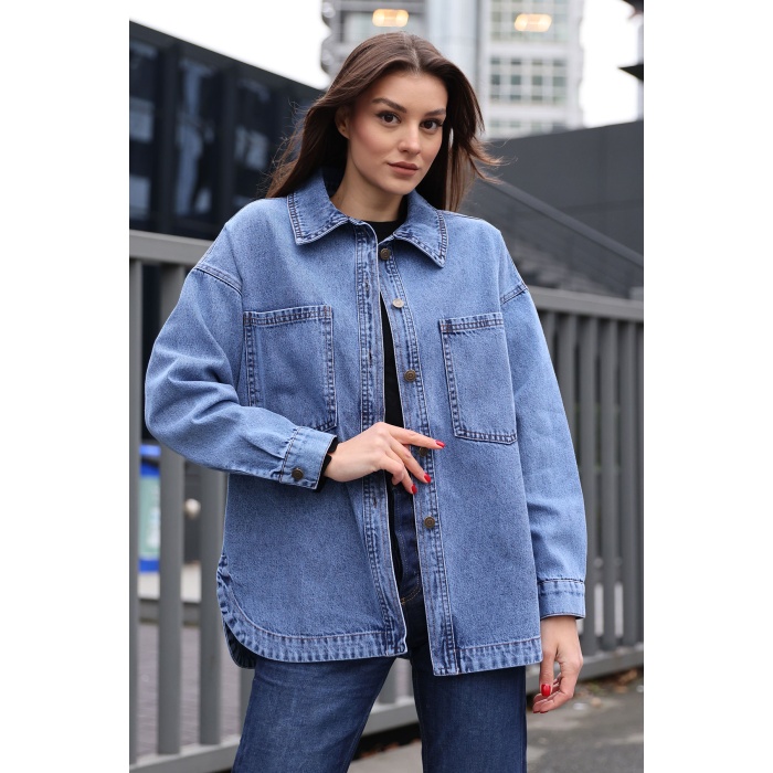 0694 Çift Cepli Oversize Denim Ceket - Lacivert
