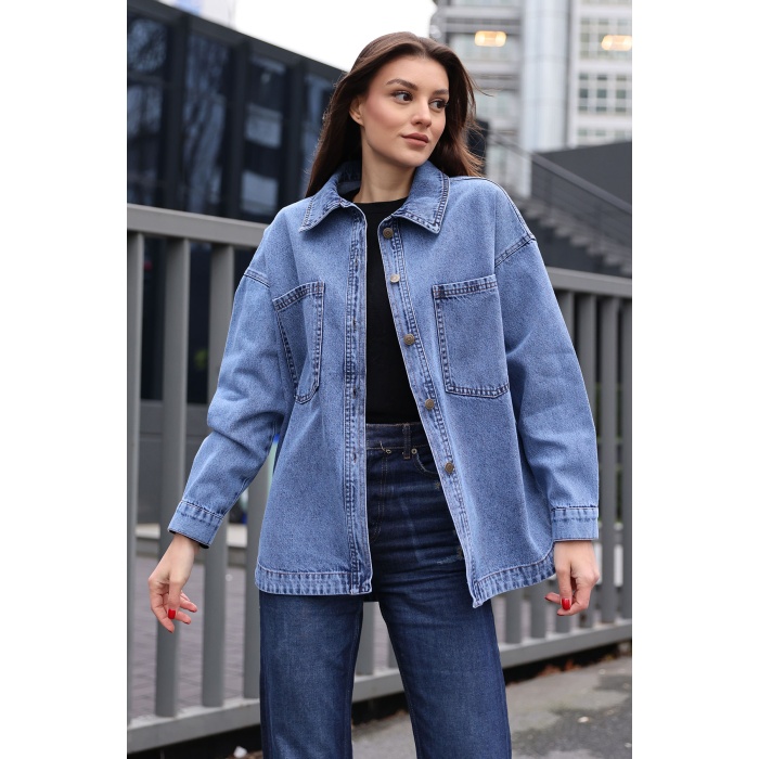 0694 Çift Cepli Oversize Denim Ceket - Lacivert