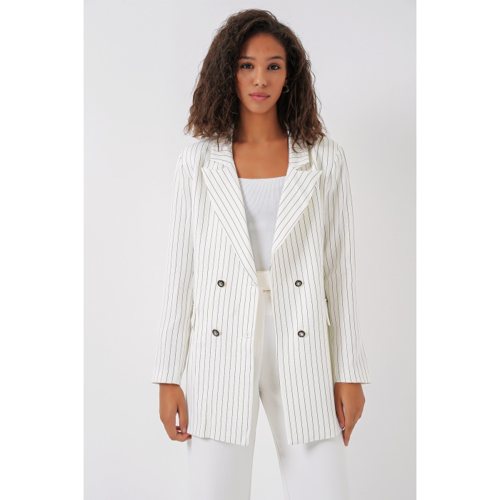 Kadın Beyaz Çift Düğmeli Çizgili Blazer Ceket 0699
