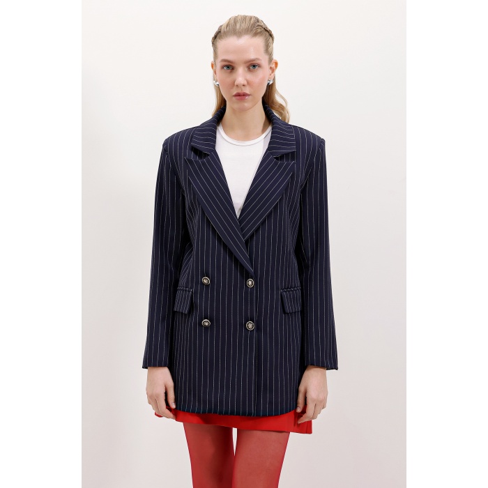 Kadın Lacivert Çift Düğmeli Çizgili Blazer Ceket 0699