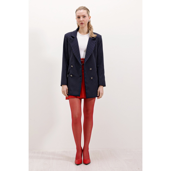 Kadın Lacivert Çift Düğmeli Çizgili Blazer Ceket 0699
